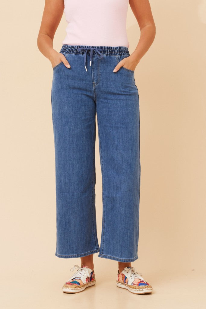 High Waist Drawcord Denim Joggers in Mid Wash