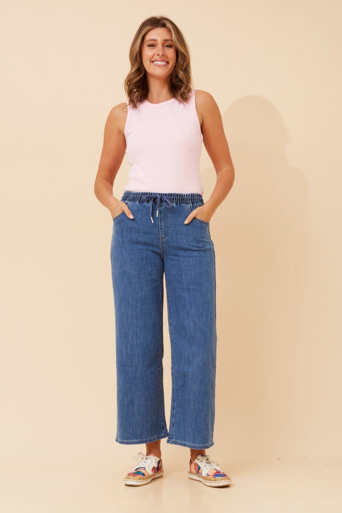 High Waist Drawcord Denim Joggers in Mid Wash