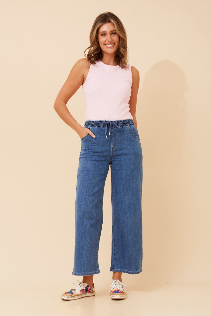 High Waist Drawcord Denim Joggers in Mid Wash