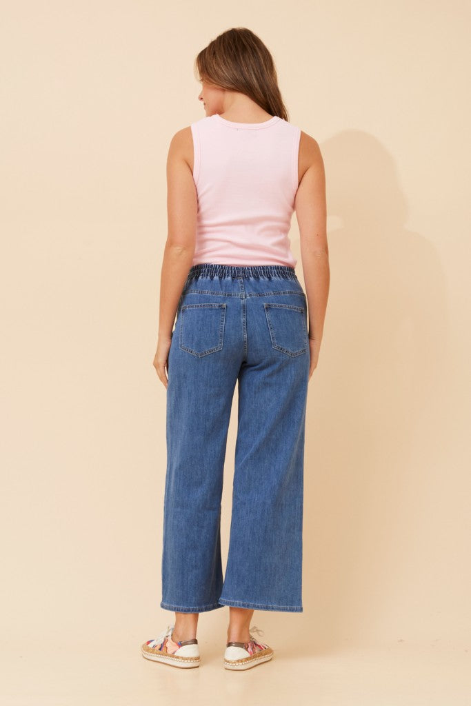 High Waist Drawcord Denim Joggers in Mid Wash