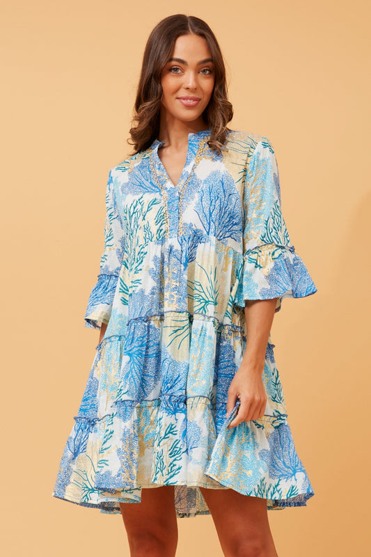 Foil Print 3/4 Sleeve Tiered Dress in Blue/Green