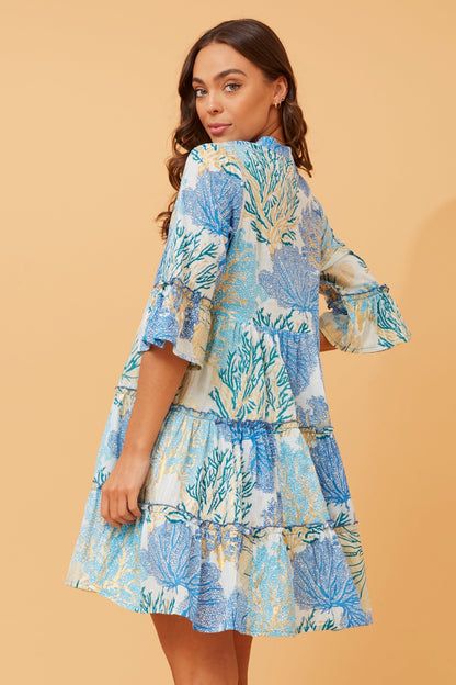 Foil Print 3/4 Sleeve Tiered Dress in Blue/Green