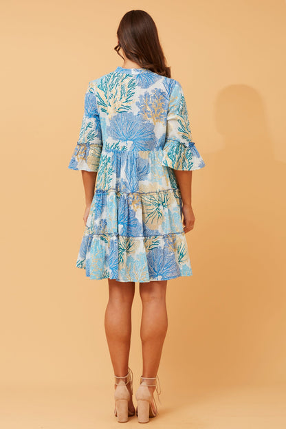 Foil Print 3/4 Sleeve Tiered Dress in Blue/Green