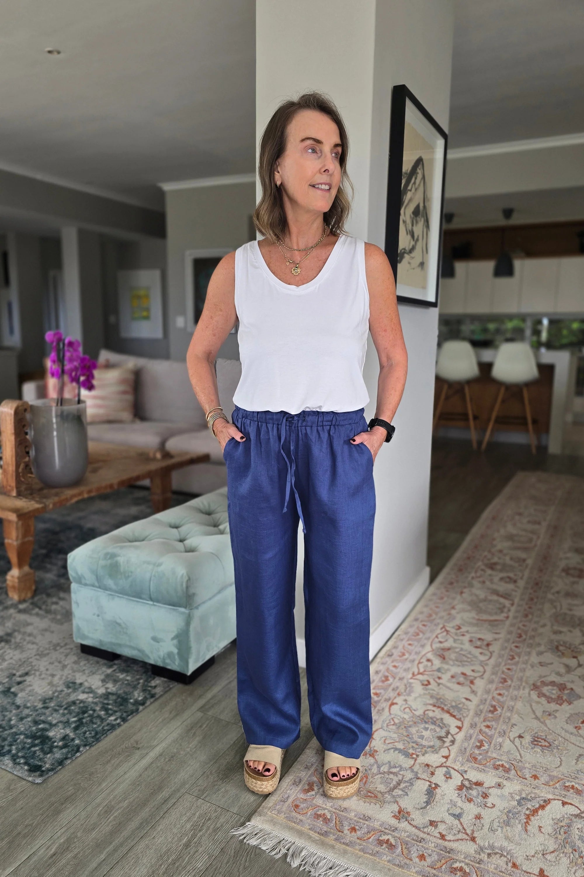 Priya Drawstring Linen Pant in Indigo