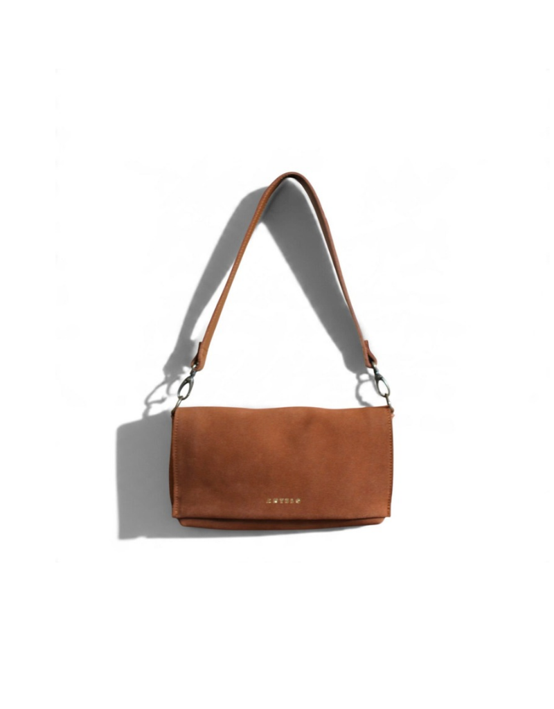 Freya East-West Leather Shoulder Bag in Cognac Suede & Cider Tan