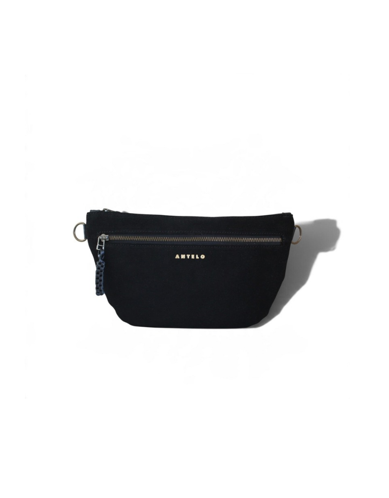 Ayla Half Moon Leather Crossbody in Midnight Suede / Black