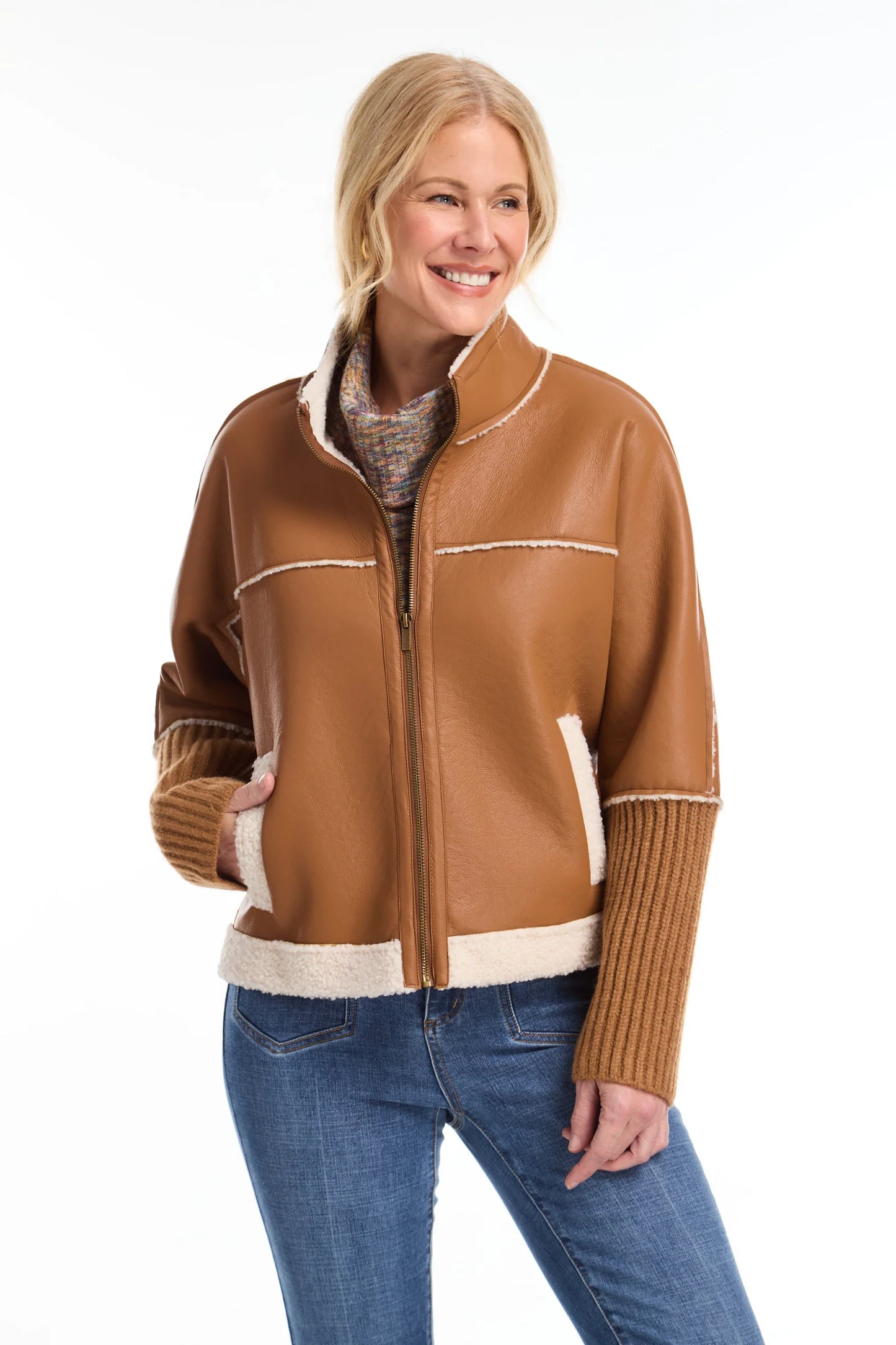 Bonded Sherpa Jacket in Camel & Ivory