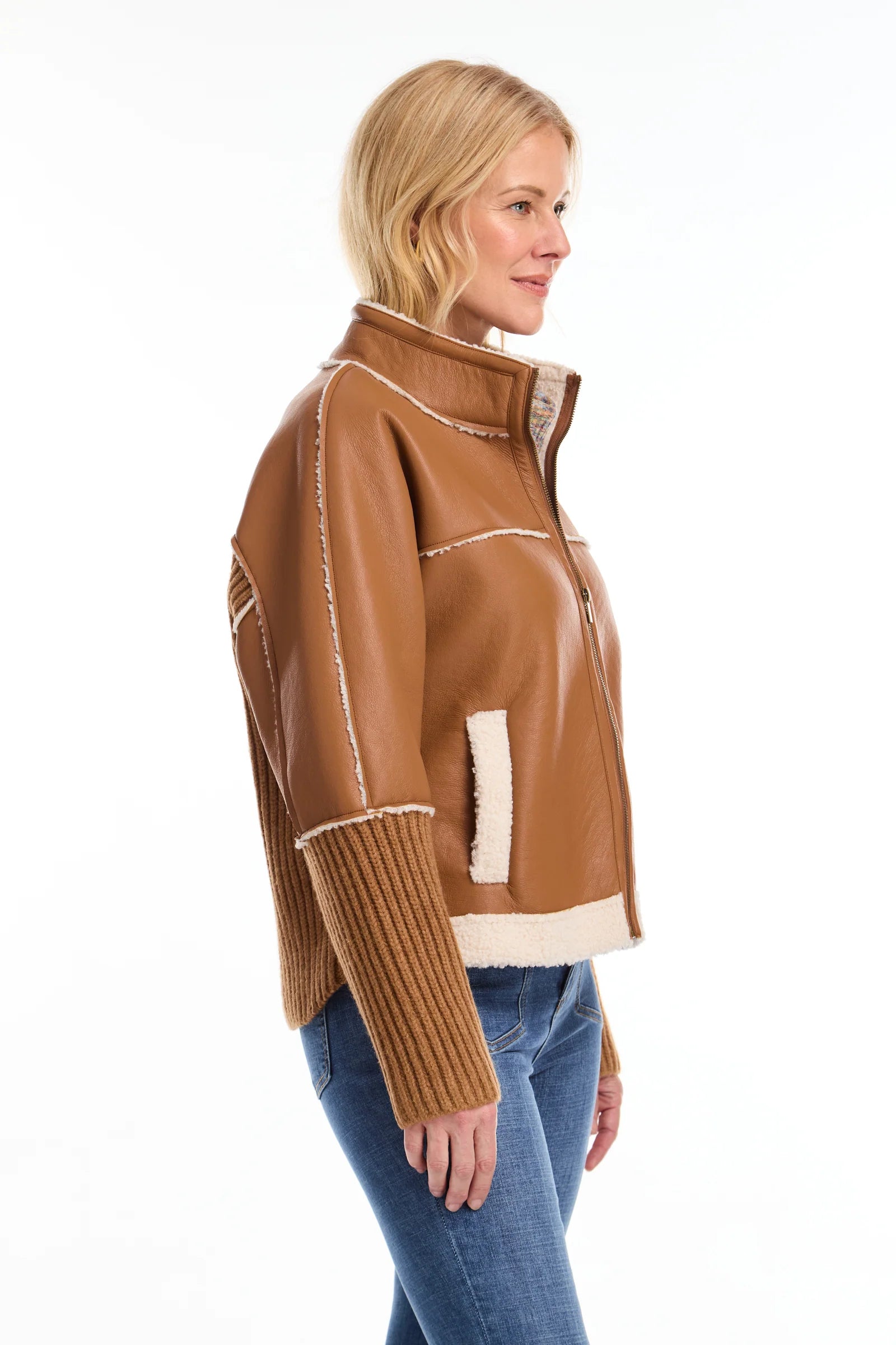 Bonded Sherpa Jacket in Camel & Ivory