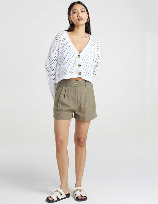 Zina High Waist Tailored Cotton Shorts in Khaki