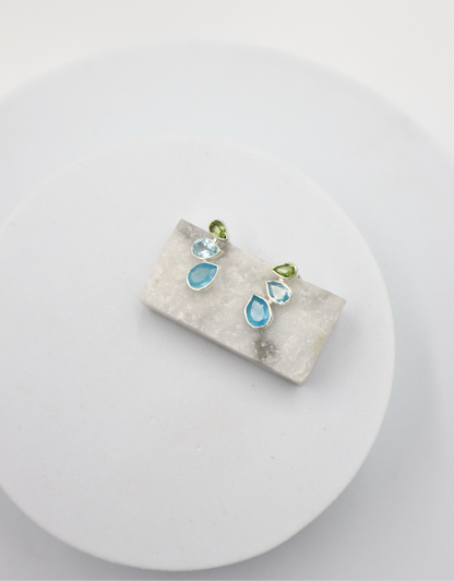 3 Stone Sterling Silver Studs in Aquamarine