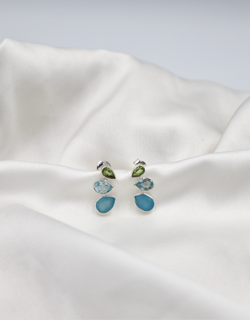 3 Stone Sterling Silver Studs in Aquamarine