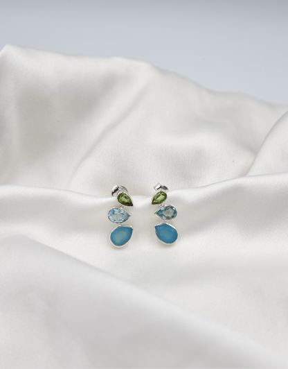 3 Stone Sterling Silver Studs in Aquamarine