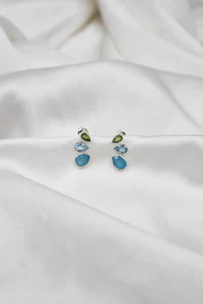 3 Stone Sterling Silver Studs in Aquamarine