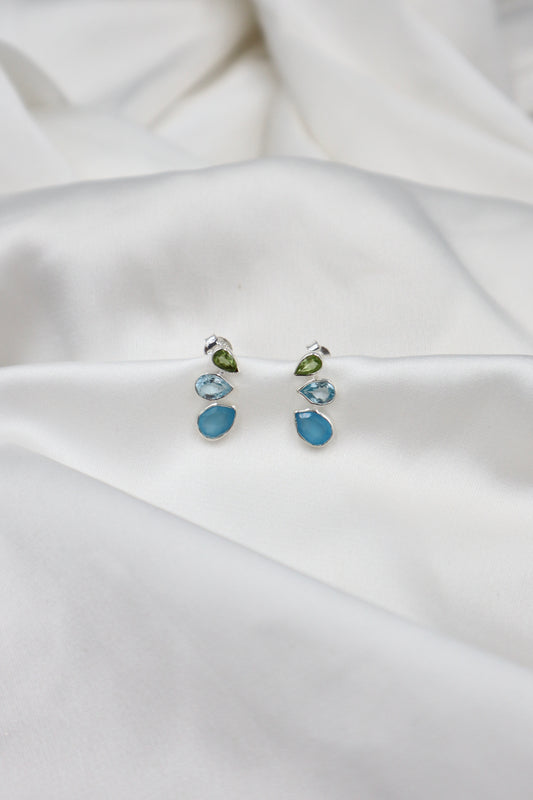 3 Stone Sterling Silver Studs in Aquamarine