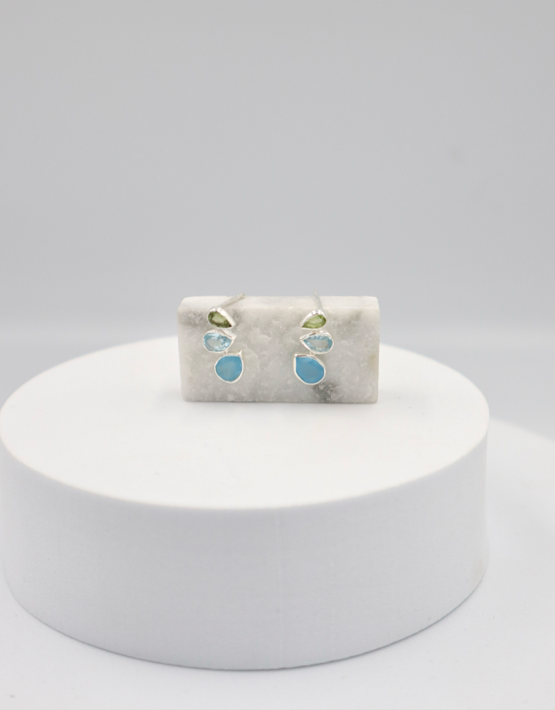 3 Stone Sterling Silver Studs in Aquamarine