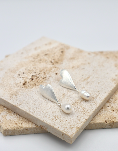 Sterling Silver Abstract Brushed Heart & Pearl Studs