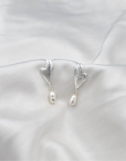 Sterling Silver Abstract Brushed Heart & Pearl Studs