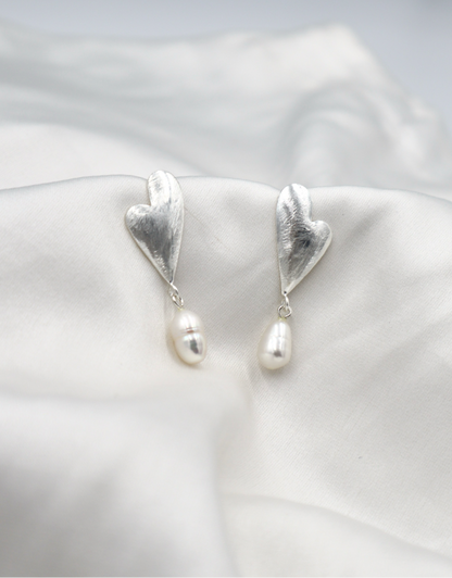 Sterling Silver Abstract Brushed Heart & Pearl Studs