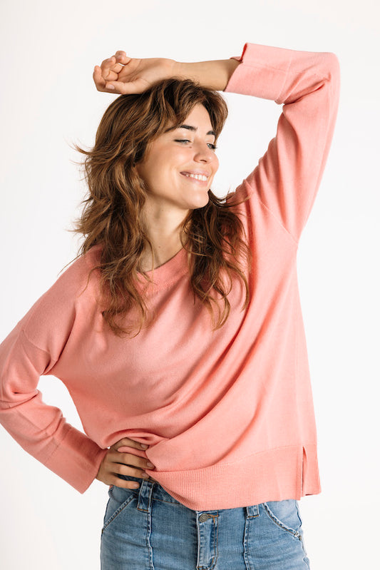 Pure Merino Wool Round Neck Sweater in Coral