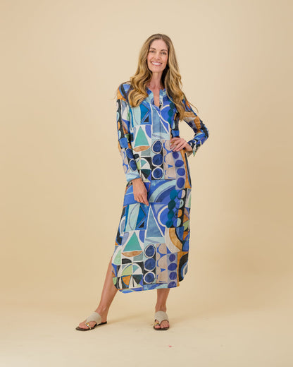 Geometric Printed Maxi Dress in Blue