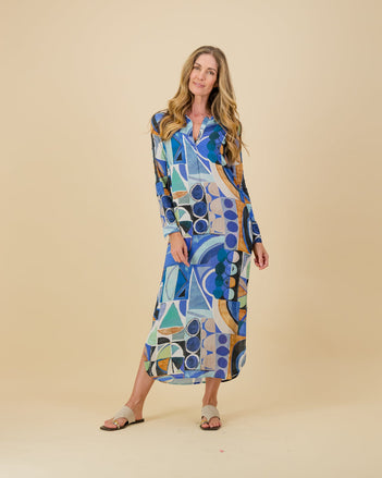 Geometric Printed Maxi Dress in Blue