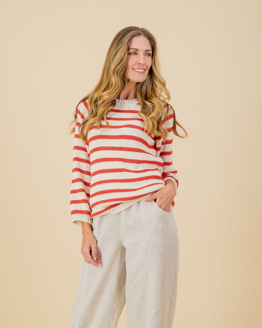 Cotton Stripe Knit in Raspberry / Natural