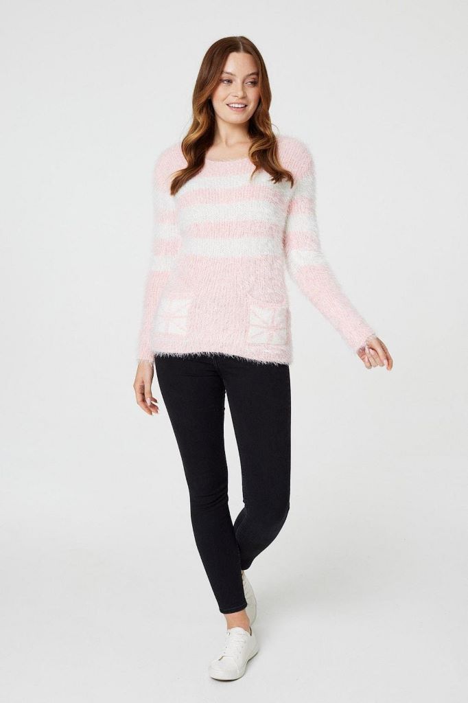 Pink & White Fluffy Stripe Knit