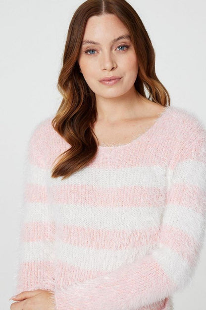 Pink & White Fluffy Stripe Knit