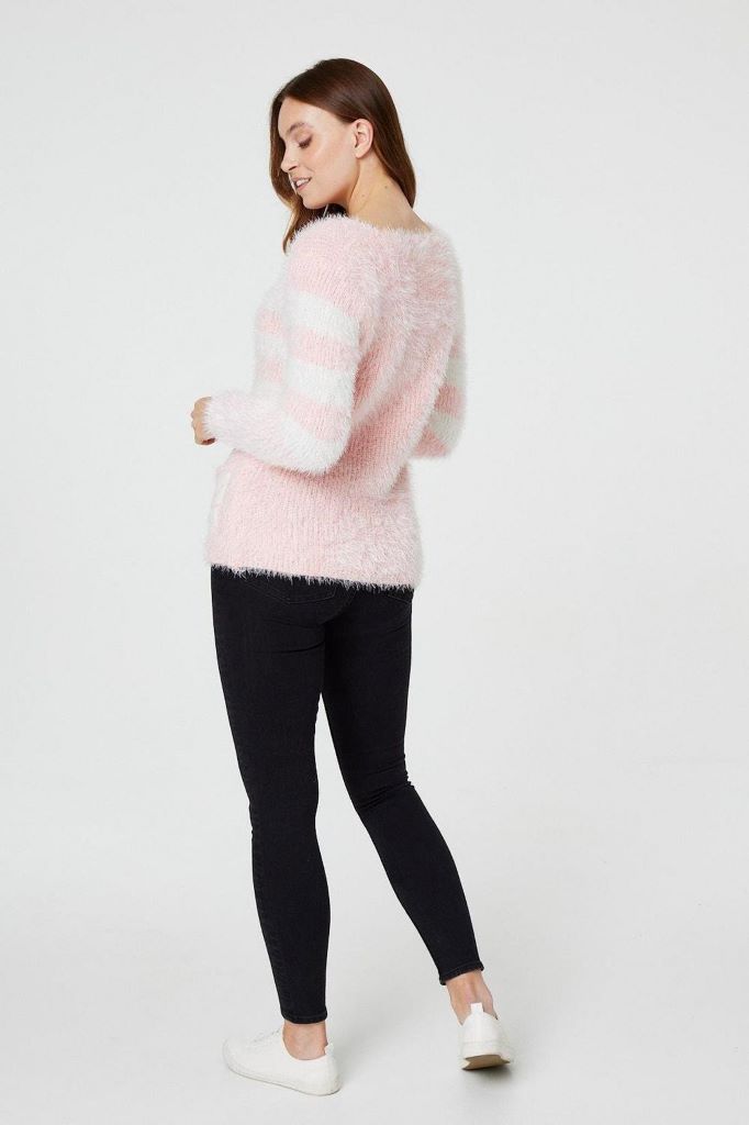 Pink & White Fluffy Stripe Knit