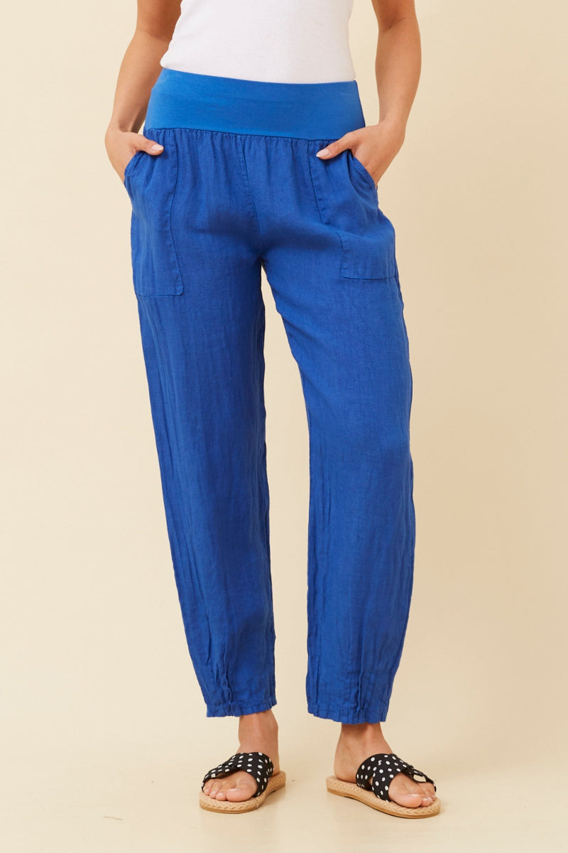 Knit Band Linen Pants in Cobalt