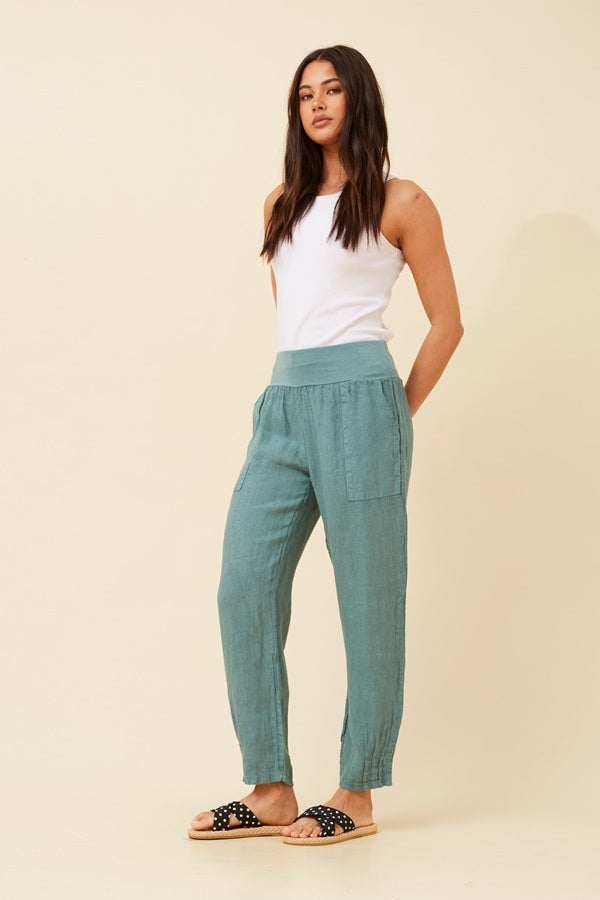 Knit Band Linen Pants in Sage
