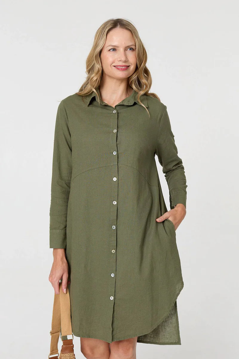 Linen Shirt Dress in Khaki