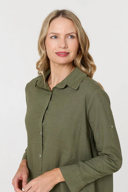 Linen Shirt Dress in Khaki