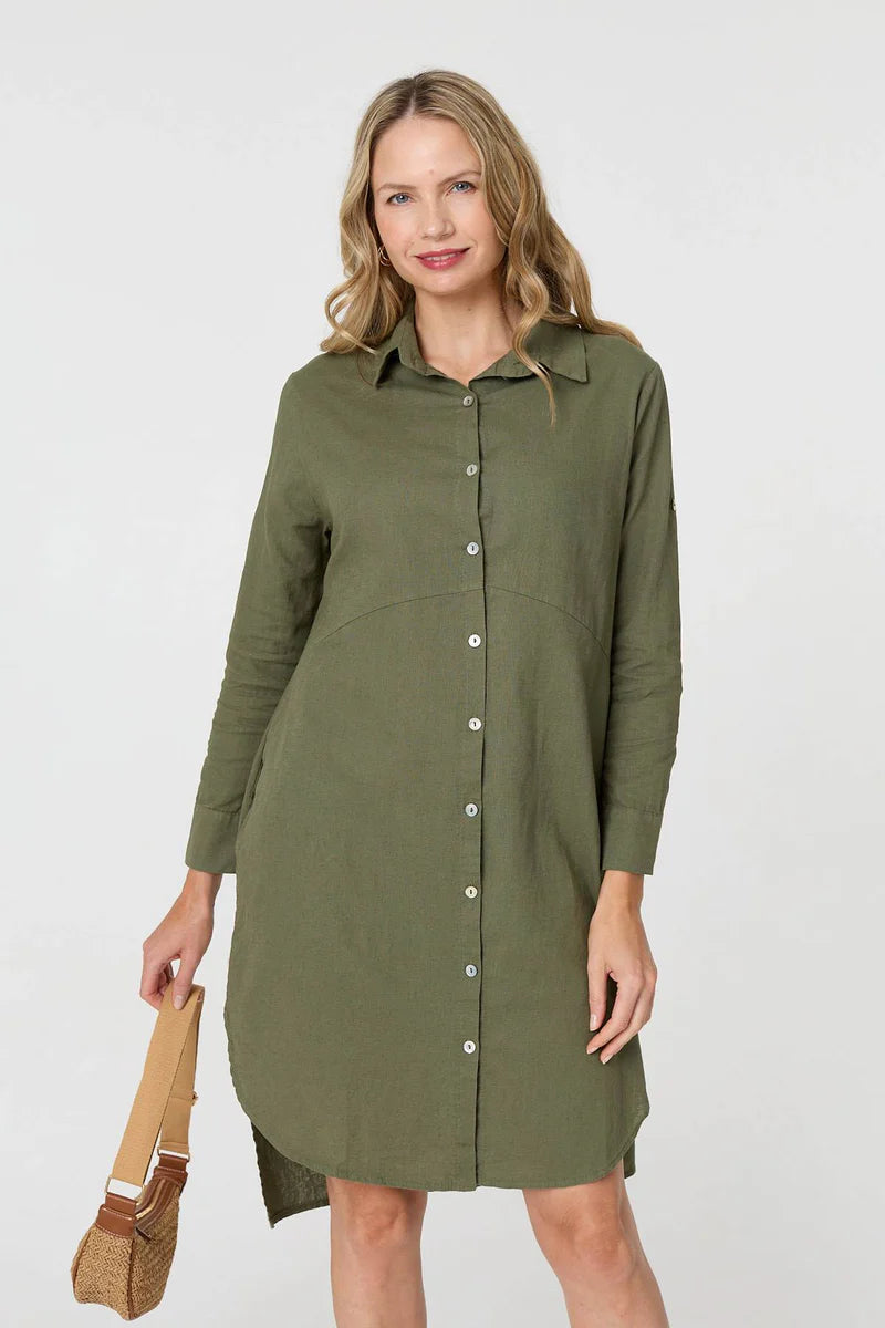 Linen Shirt Dress in Khaki