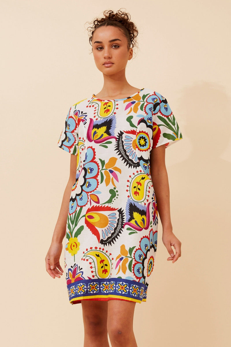 Abstract Printed Shift Dress in White