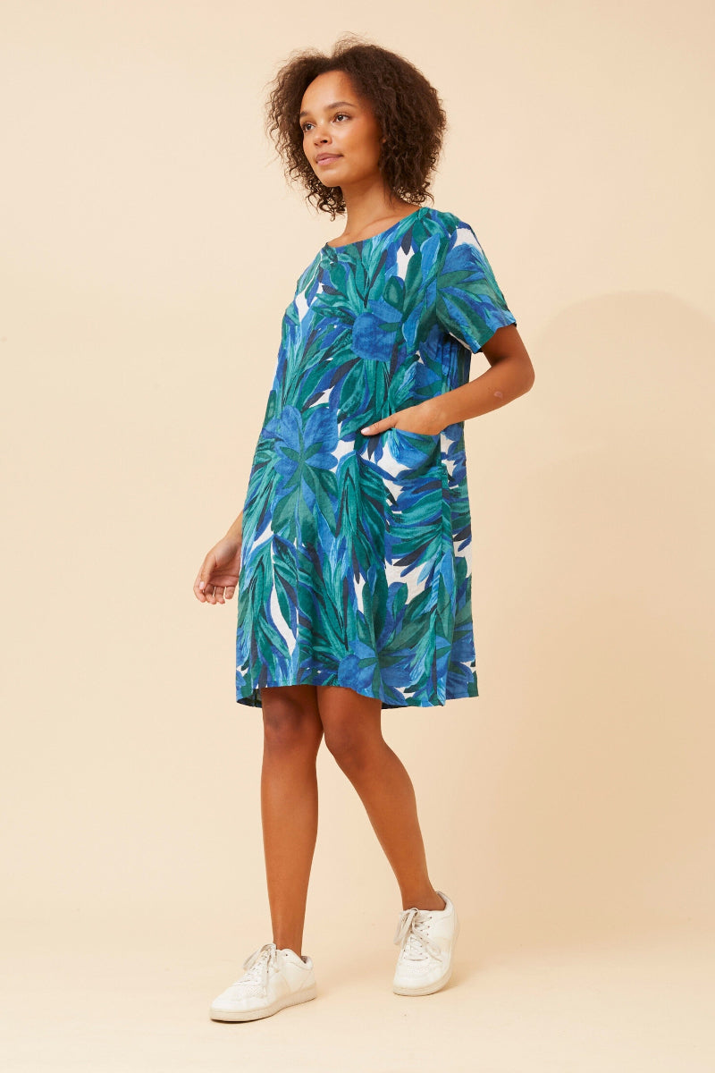Printed Shift Dress in Green / Blue Leaves
