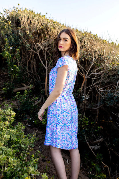 Sara Dress in Grecian Tiles / Blue Pink