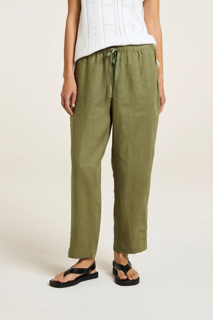 Sylvie Linen Panel Pant in Moss