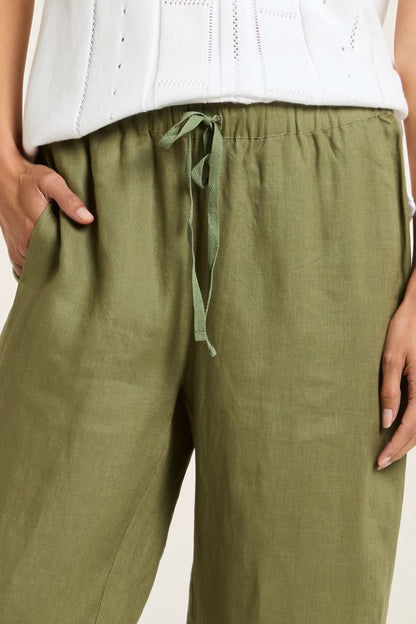 Sylvie Linen Panel Pant in Moss