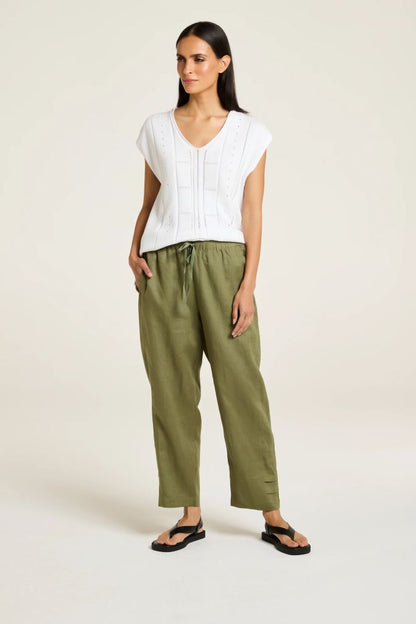 Sylvie Linen Panel Pant in Moss