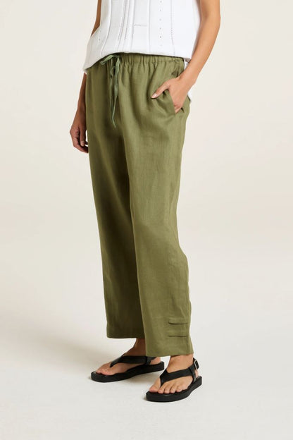 Sylvie Linen Panel Pant in Moss