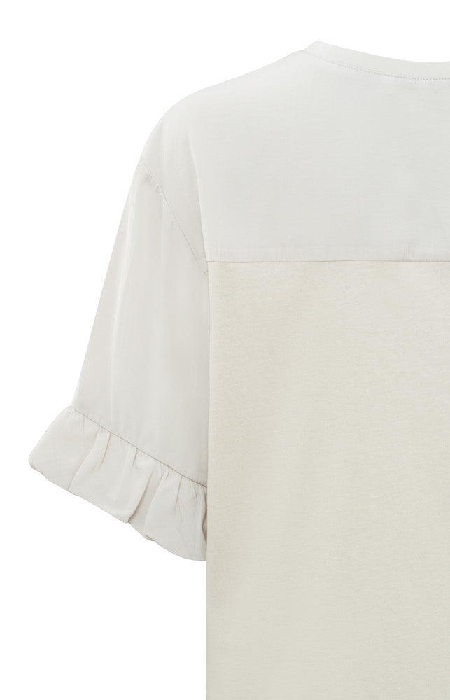 Ruffle Sleeve Fabric Mix Top in Wind Chime Beige