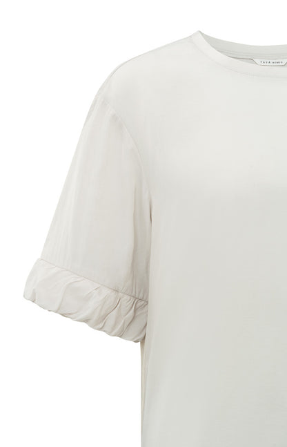 Ruffle Sleeve Fabric Mix Top in Wind Chime Beige